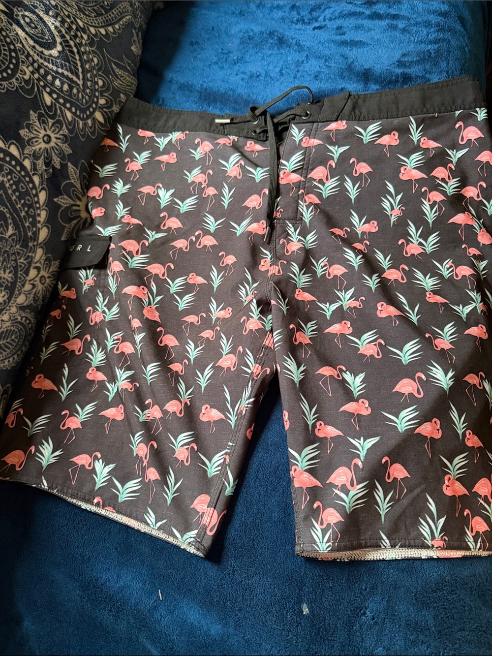Rip Curl Black Boardshorts with Pink Flamingo & Mint Leaf Print